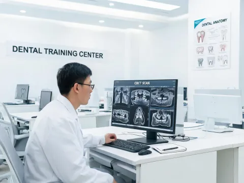 Dental imaging engineer at console